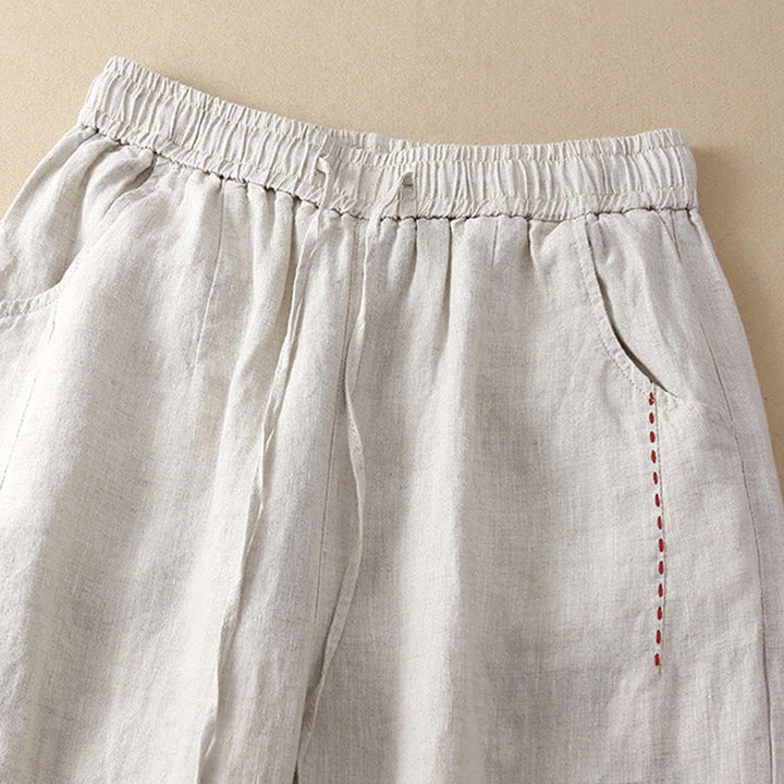 Buddha Stones Summer Casual Plain Color Embroidery Drawstring Cotton Linen Women's Wide Leg Pants With Pockets - image 2