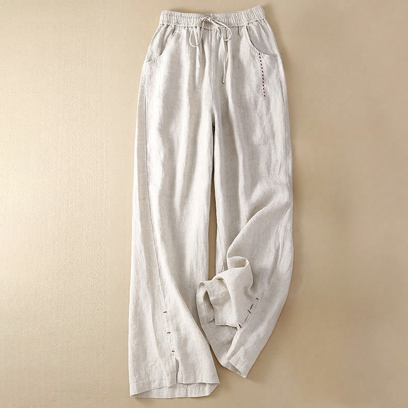 Buddha Stones Summer Casual Plain Color Embroidery Drawstring Cotton Linen Women's Wide Leg Pants With Pockets - Gainsboro - US12，UK/AU16，EU44 (3XL) - image 0
