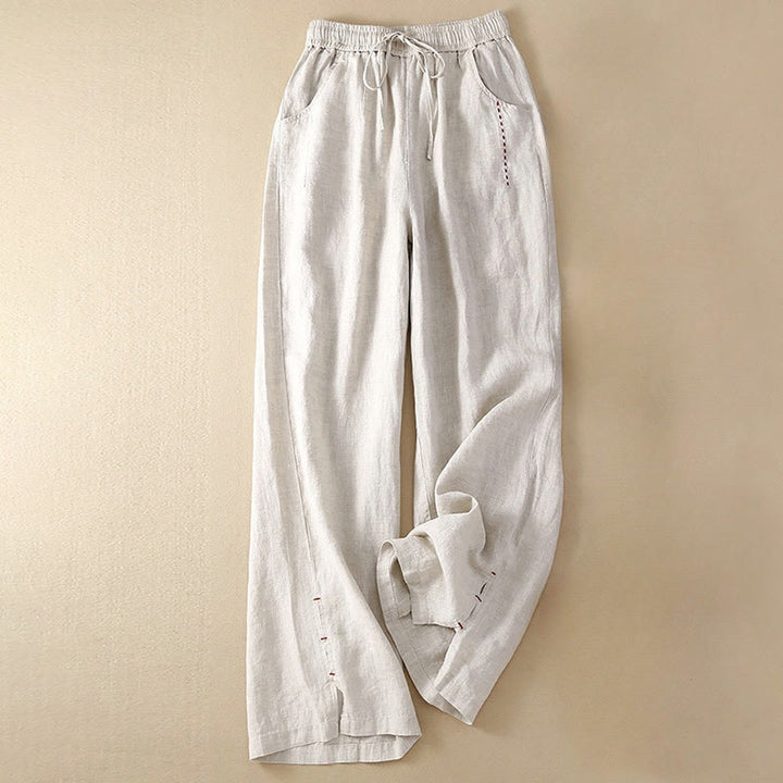 Buddha Stones Summer Casual Plain Color Embroidery Drawstring Cotton Linen Women's Wide Leg Pants With Pockets - Gainsboro - US12，UK/AU16，EU44 (3XL) - image 0