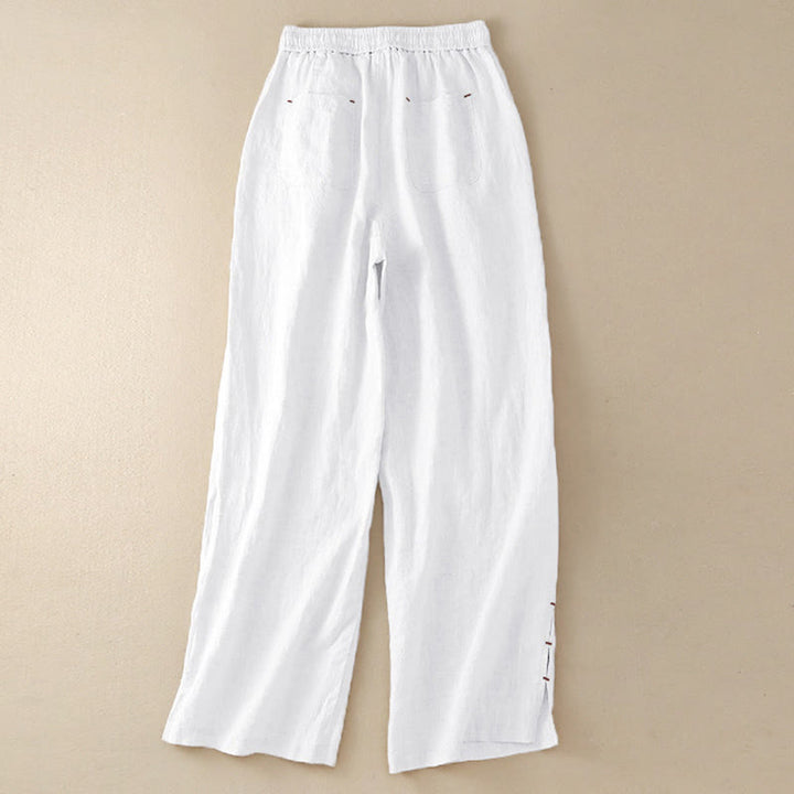 Buddha Stones Summer Casual Plain Color Embroidery Drawstring Cotton Linen Women's Wide Leg Pants With Pockets - image 16