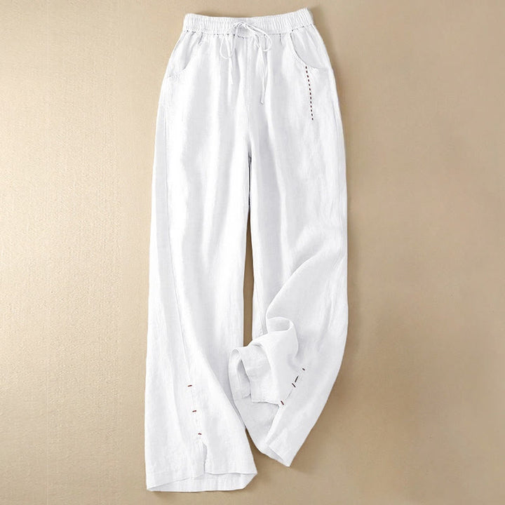 Buddha Stones Summer Casual Plain Color Embroidery Drawstring Cotton Linen Women's Wide Leg Pants With Pockets - White - US12，UK/AU16，EU44 (3XL) - image 14