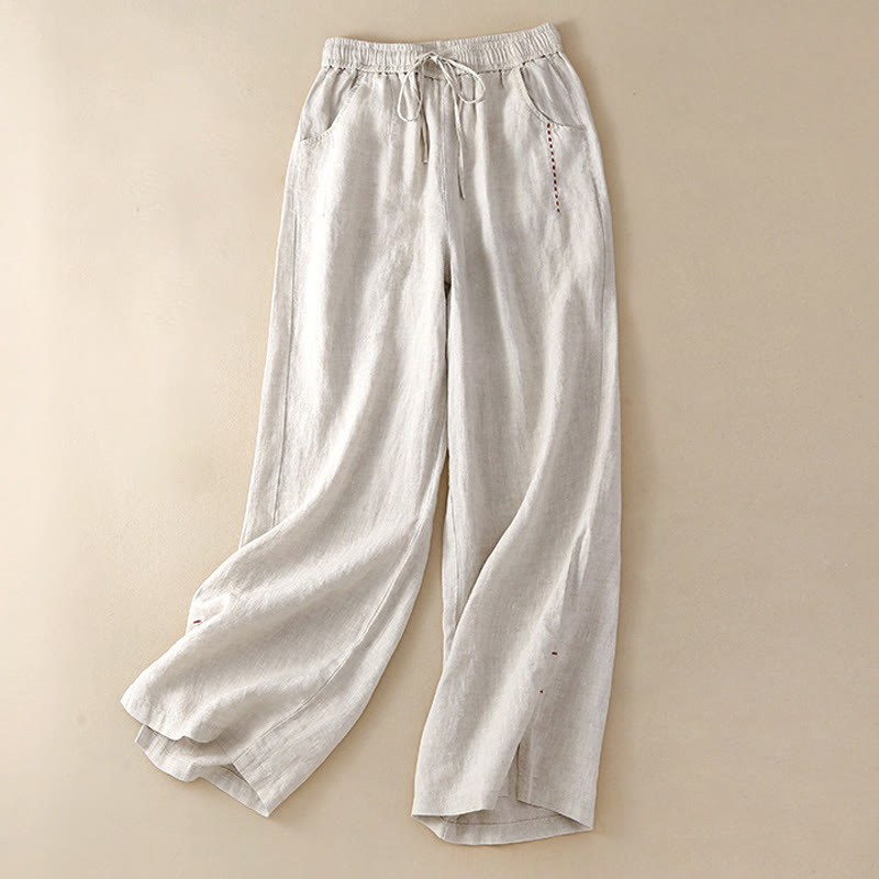 Buddha Stones Summer Casual Plain Color Embroidery Drawstring Cotton Linen Women's Wide Leg Pants With Pockets - image 1