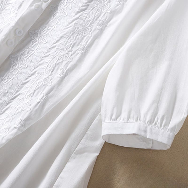 Buddha Stones Summer Plain Button Embroidery Flower Pattern Three Quarter Sleeve Lapel Cotton Linen Women's Shirt - image 9