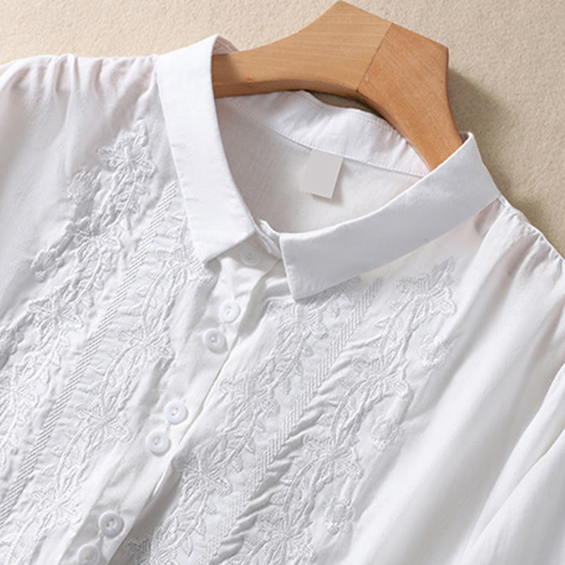 Buddha Stones Summer Plain Button Embroidery Flower Pattern Three Quarter Sleeve Lapel Cotton Linen Women's Shirt - image 7