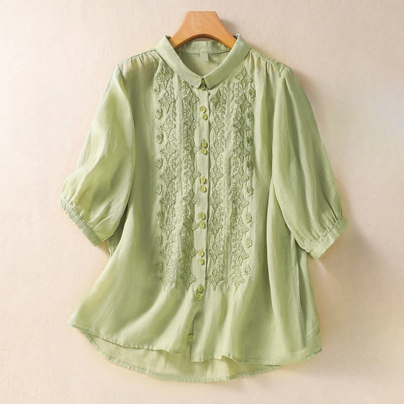 Buddha Stones Summer Plain Button Embroidery Flower Pattern Three Quarter Sleeve Lapel Cotton Linen Women's Shirt - PaleGreen - US12，UK/AU16，EU44 (2XL) - image 0