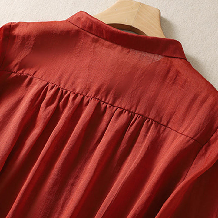 Buddha Stones Summer Plain Button Embroidery Flower Pattern Three Quarter Sleeve Lapel Cotton Linen Women's Shirt - image 22