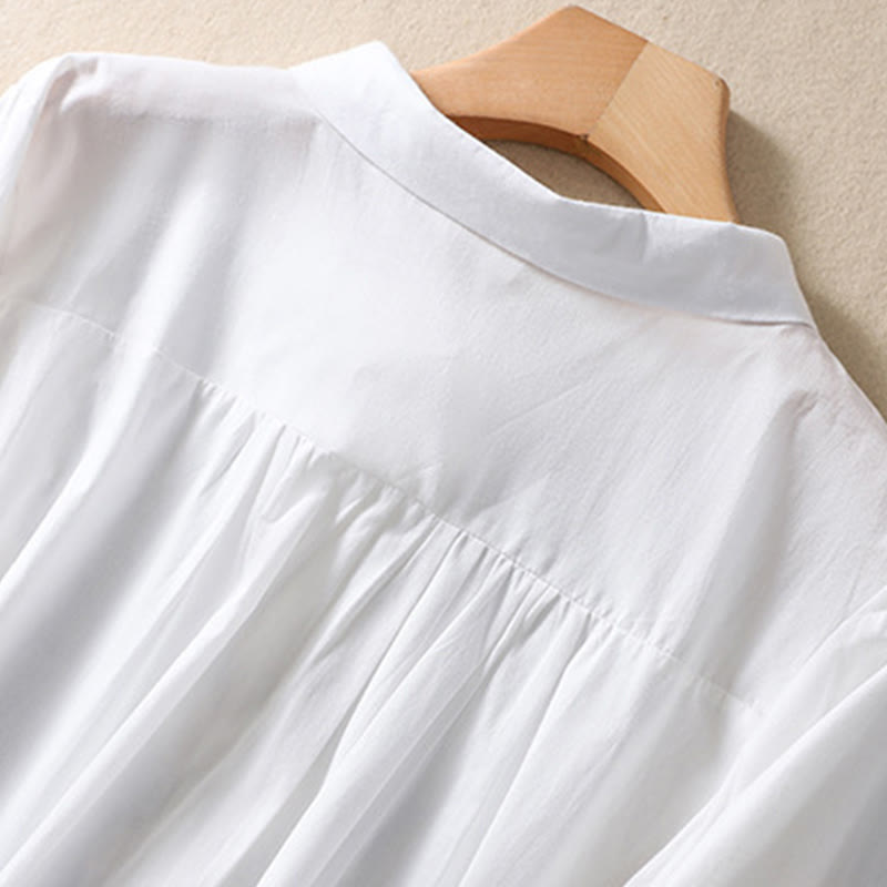 Buddha Stones Summer Plain Button Embroidery Flower Pattern Three Quarter Sleeve Lapel Cotton Linen Women's Shirt - image 8