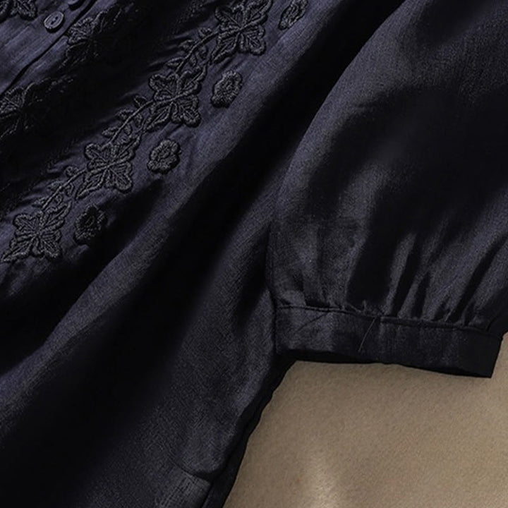 Buddha Stones Summer Plain Button Embroidery Flower Pattern Three Quarter Sleeve Lapel Cotton Linen Women's Shirt - image 30