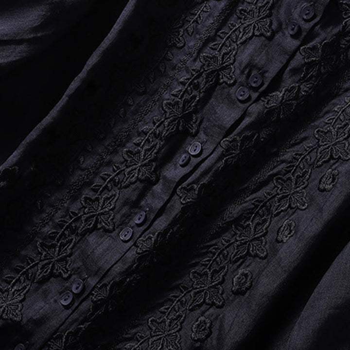 Buddha Stones Summer Plain Button Embroidery Flower Pattern Three Quarter Sleeve Lapel Cotton Linen Women's Shirt - image 29