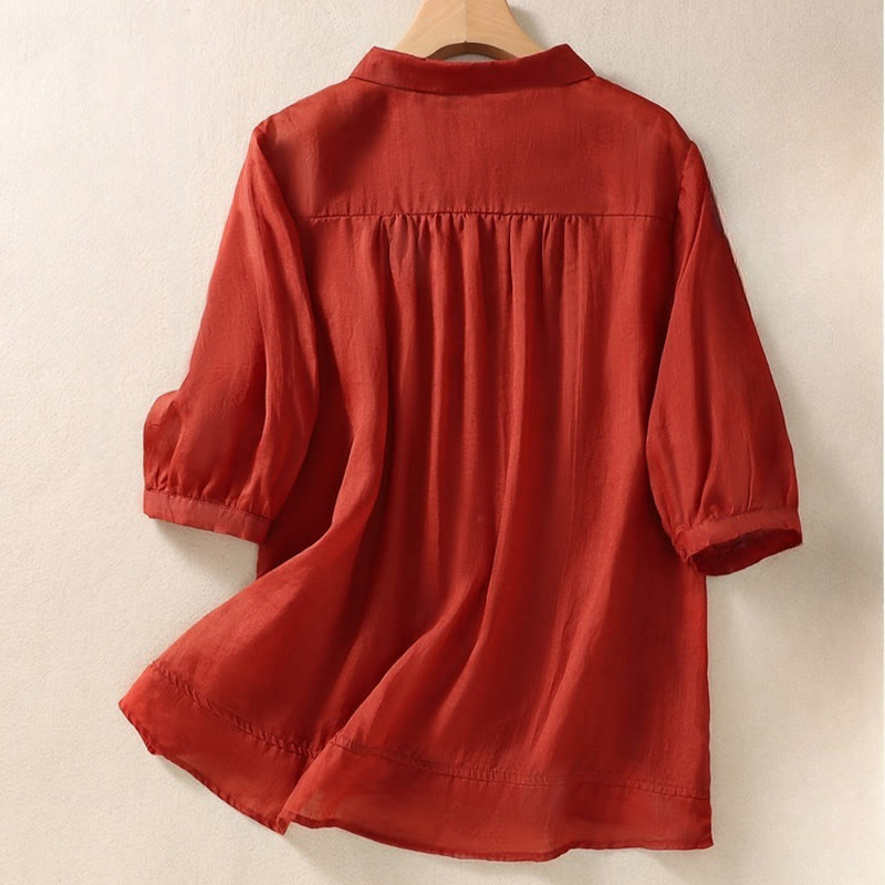 Buddha Stones Summer Plain Button Embroidery Flower Pattern Three Quarter Sleeve Lapel Cotton Linen Women's Shirt - image 20