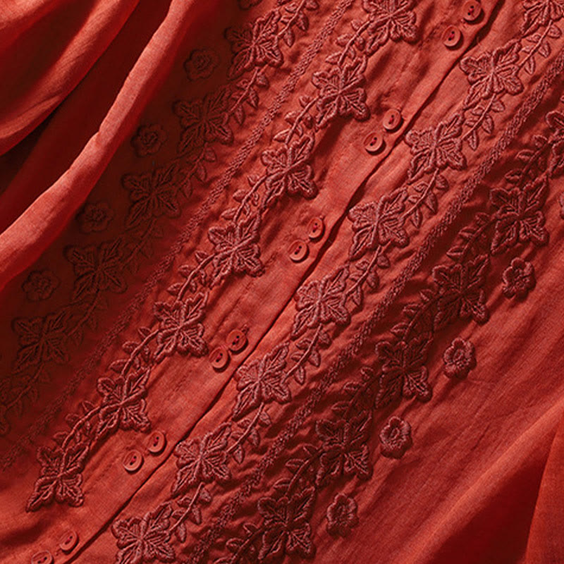 Buddha Stones Summer Plain Button Embroidery Flower Pattern Three Quarter Sleeve Lapel Cotton Linen Women's Shirt - image 23