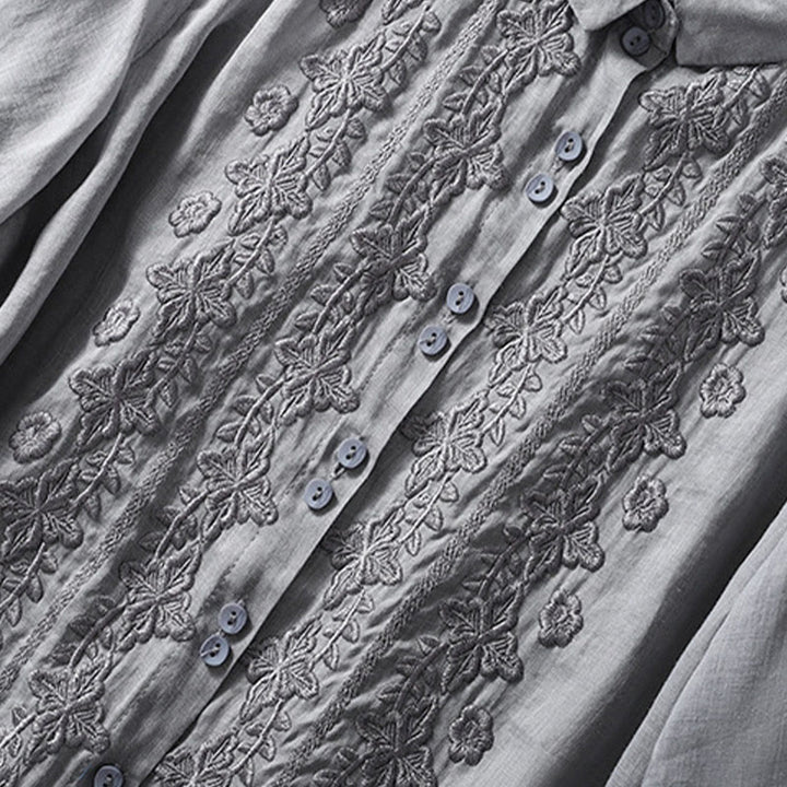 Buddha Stones Summer Plain Button Embroidery Flower Pattern Three Quarter Sleeve Lapel Cotton Linen Women's Shirt - image 16