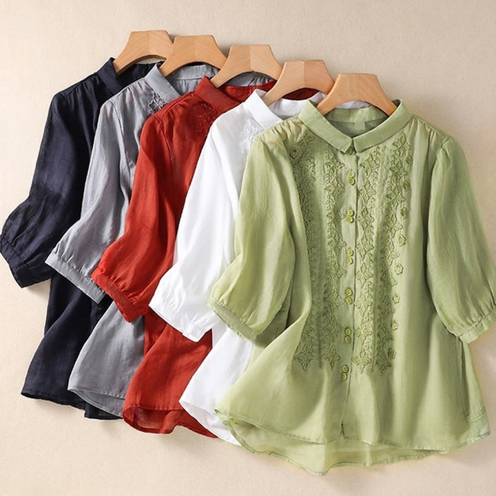 Buddha Stones Summer Plain Button Embroidery Flower Pattern Three Quarter Sleeve Lapel Cotton Linen Women's Shirt - image 32