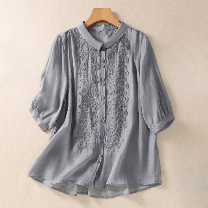 Buddha Stones Summer Plain Button Embroidery Flower Pattern Three Quarter Sleeve Lapel Cotton Linen Women's Shirt - DarkGray - US12，UK/AU16，EU44 (2XL) - image 13