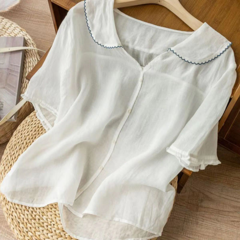 Buddha Stones Casual Plain Button Half Sleeve Middy Collar Cotton Women's Shirt - image 19