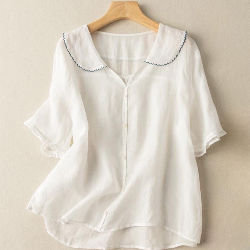 Buddha Stones Casual Plain Button Half Sleeve Middy Collar Cotton Women's Shirt - White - US12，UK/AU16，EU44 (2XL) - image 18