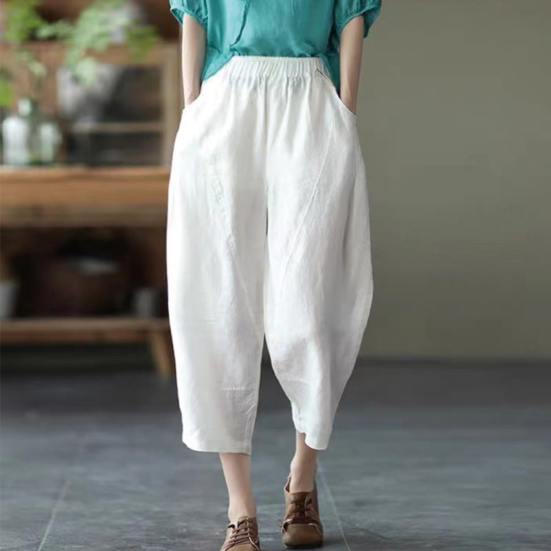Buddha Stones Summer Casual Splicing Plain Design Women's Harem Pants With Pockets - White - US8-10，UK/AU12-14，EU40-42 (2XL) - image 13