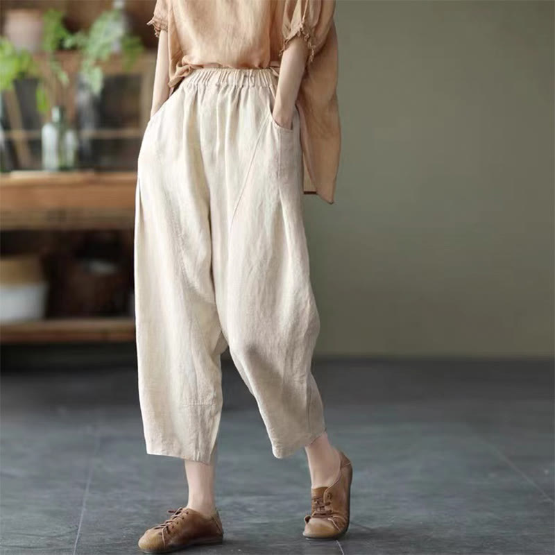 Buddha Stones Summer Casual Splicing Plain Design Women's Harem Pants With Pockets - Beige - US8-10，UK/AU12-14，EU40-42 (2XL) - image 23