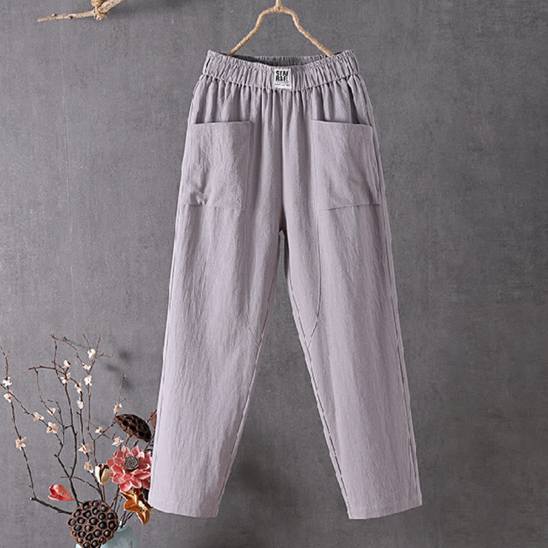 Buddha Stones Summer Pure Color Elastic Waist Women's Harem Pants With Pockets - LightGrey - US14，UK/AU18，EU46 (4XL) - image 4