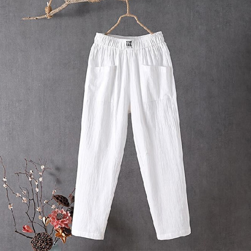 Buddha Stones Summer Pure Color Elastic Waist Women's Harem Pants With Pockets - White - US14，UK/AU18，EU46 (4XL) - image 1