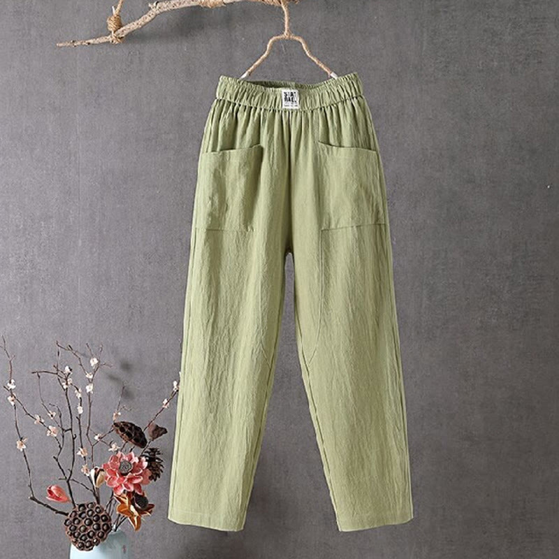 Buddha Stones Summer Pure Color Elastic Waist Women's Harem Pants With Pockets - LightGreen - US14，UK/AU18，EU46 (4XL) - image 3