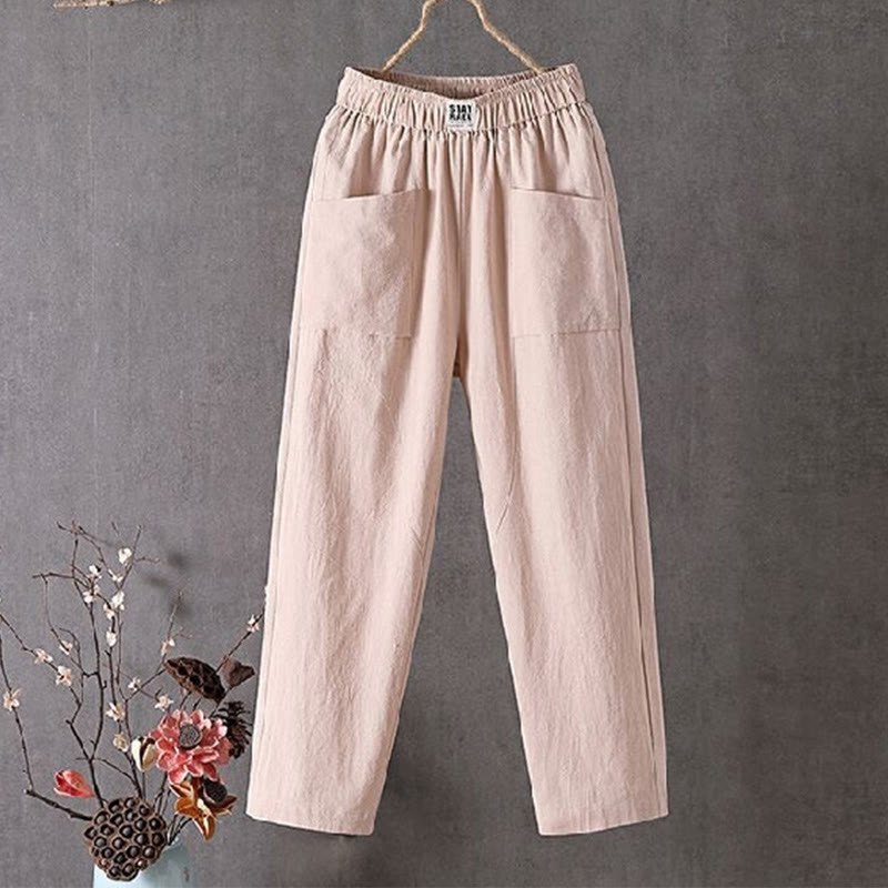 Buddha Stones Summer Pure Color Elastic Waist Women's Harem Pants With Pockets - NavajoWhite - US14，UK/AU18，EU46 (4XL) - image 6