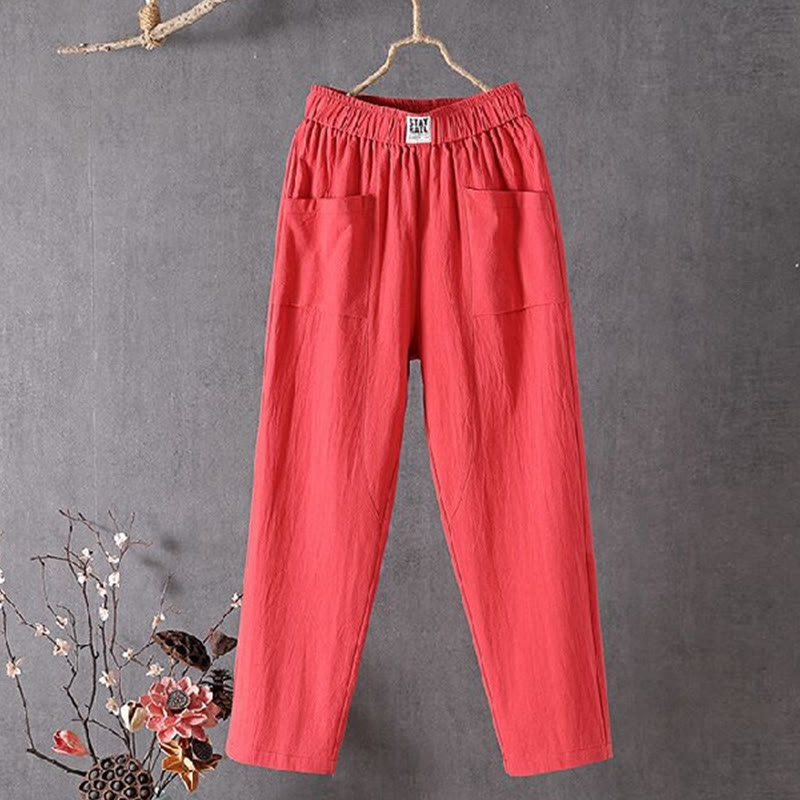 Buddha Stones Summer Pure Color Elastic Waist Women's Harem Pants With Pockets - OrangeRed - US14，UK/AU18，EU46 (4XL) - image 5