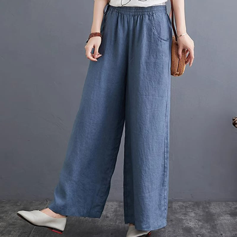 Buddha Stones Pure Simple Design High Waist Cotton Linen Women's Wide Leg Pants With Pockets