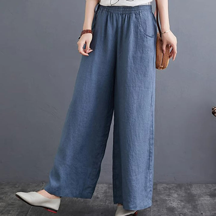 Buddha Stones Pure Simple Design High Waist Cotton Linen Women's Wide Leg Pants With Pockets