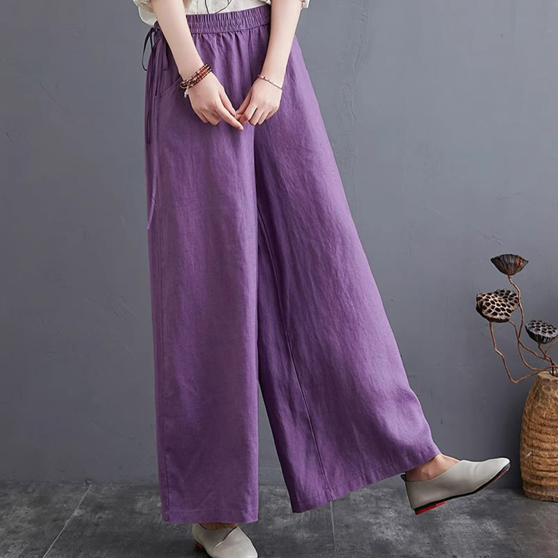Buddha Stones Pure Simple Design High Waist Cotton Linen Women's Wide Leg Pants With Pockets
