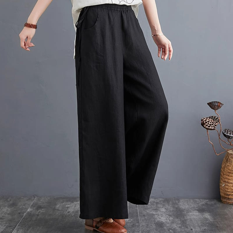 Buddha Stones Pure Simple Design High Waist Cotton Linen Women's Wide Leg Pants With Pockets