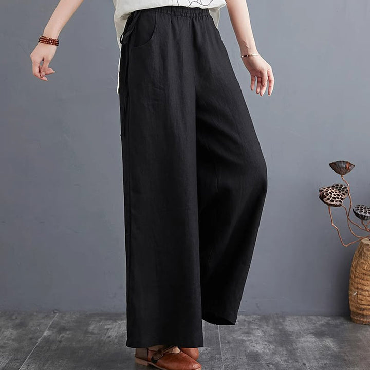 Buddha Stones Pure Simple Design High Waist Cotton Linen Women's Wide Leg Pants With Pockets