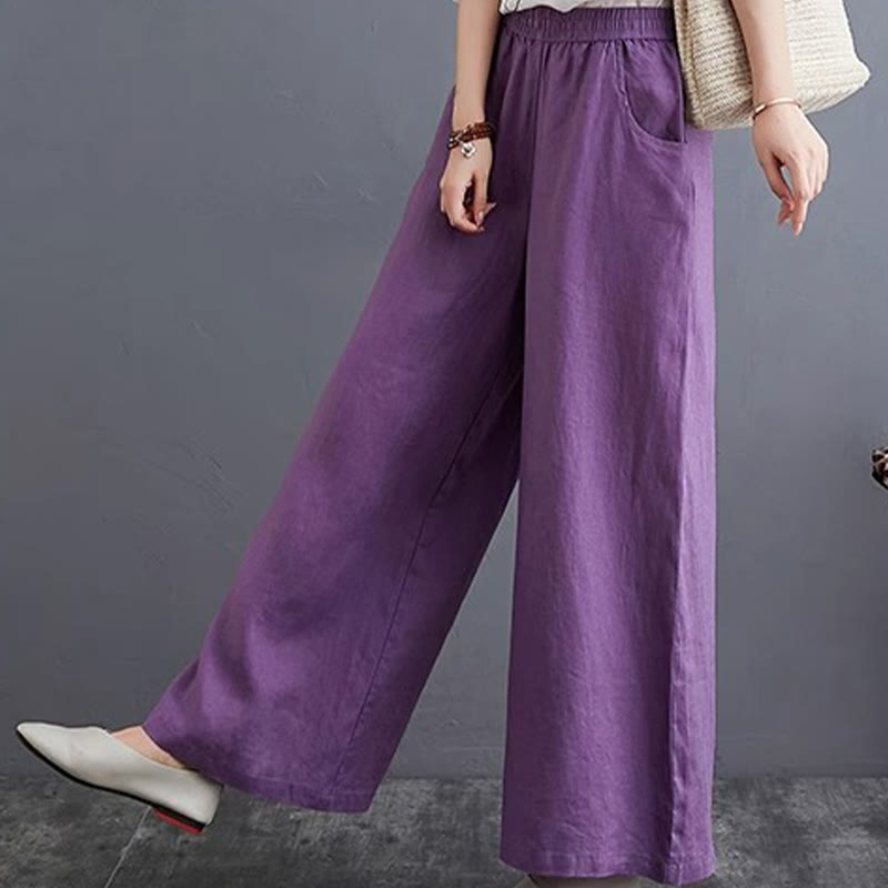 Buddha Stones Pure Simple Design High Waist Cotton Linen Women's Wide Leg Pants With Pockets