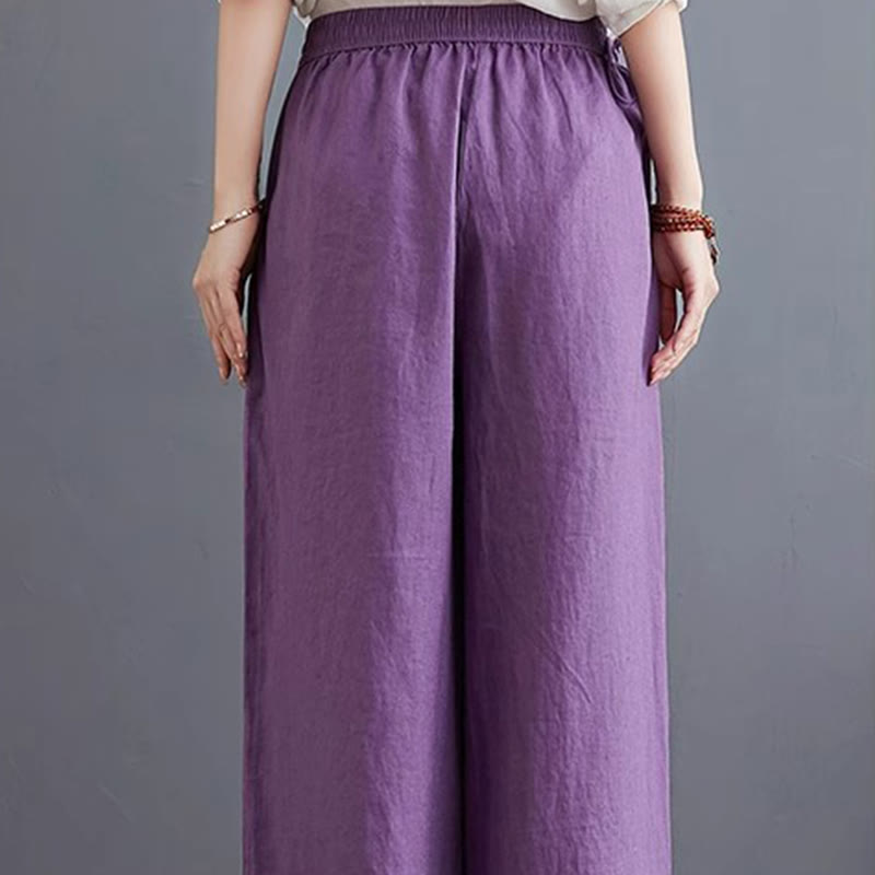 Buddha Stones Pure Simple Design High Waist Cotton Linen Women's Wide Leg Pants With Pockets