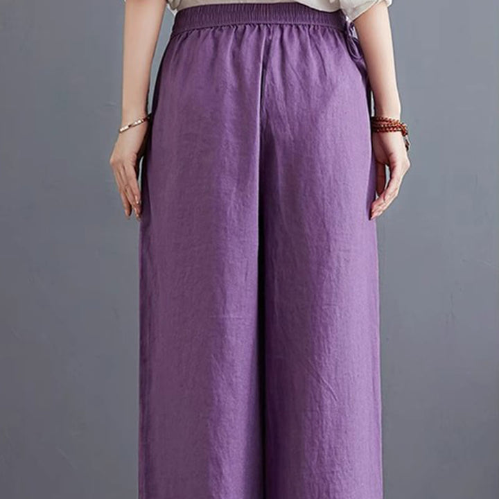 Buddha Stones Pure Simple Design High Waist Cotton Linen Women's Wide Leg Pants With Pockets