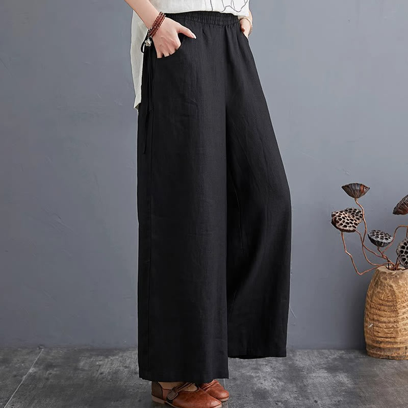 Buddha Stones Pure Simple Design High Waist Cotton Linen Women's Wide Leg Pants With Pockets