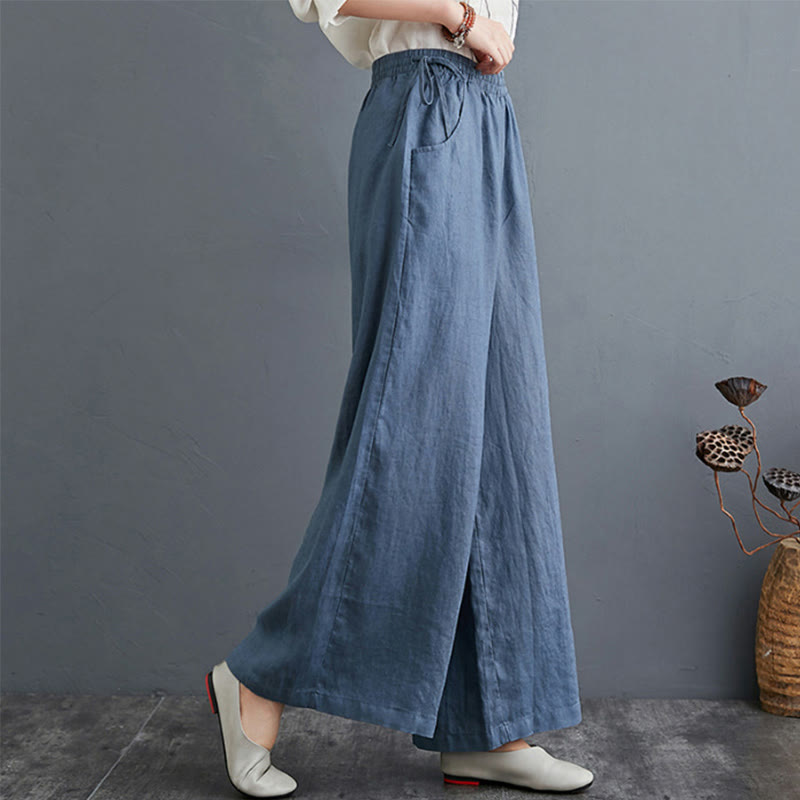 Buddha Stones Pure Simple Design High Waist Cotton Linen Women's Wide Leg Pants With Pockets - SteelBlue - US16，UK/AU20，EU48 (5XL) - image 0