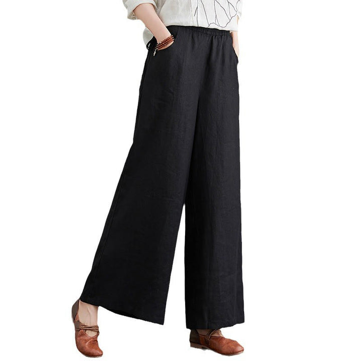 Buddha Stones Pure Simple Design High Waist Cotton Linen Women's Wide Leg Pants With Pockets