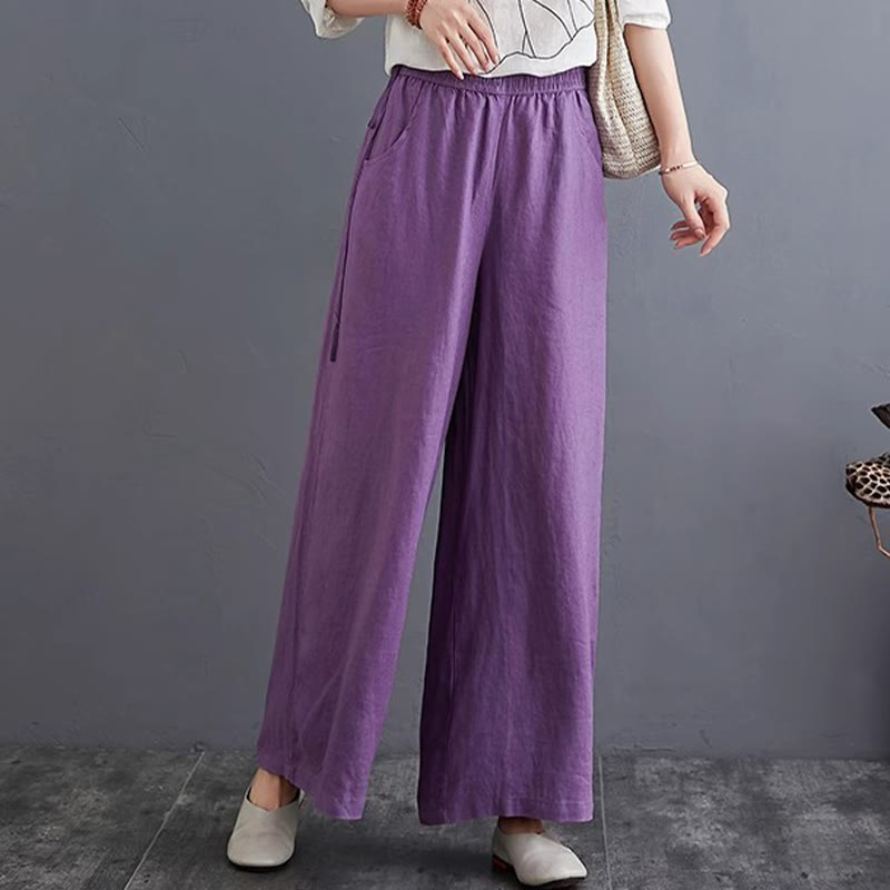 Buddha Stones Pure Simple Design High Waist Cotton Linen Women's Wide Leg Pants With Pockets