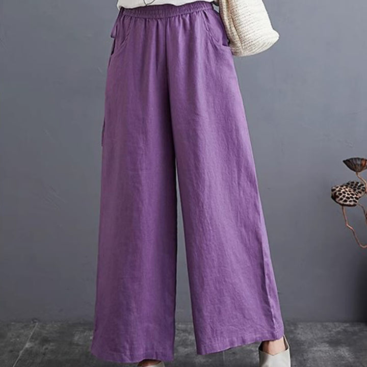 Buddha Stones Pure Simple Design High Waist Cotton Linen Women's Wide Leg Pants With Pockets