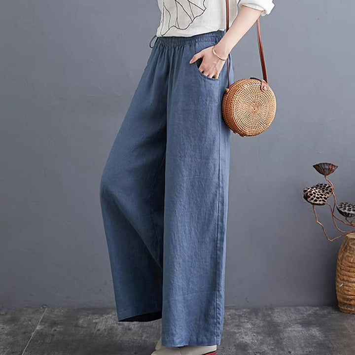 Buddha Stones Pure Simple Design High Waist Cotton Linen Women's Wide Leg Pants With Pockets