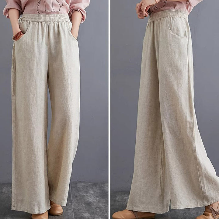 Buddha Stones Pure Simple Design High Waist Cotton Linen Women's Wide Leg Pants With Pockets