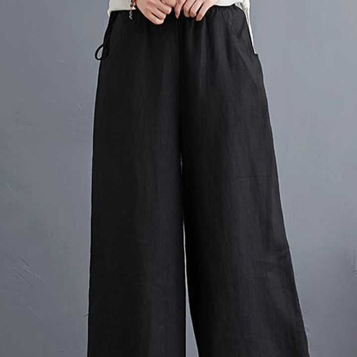 Buddha Stones Pure Simple Design High Waist Cotton Linen Women's Wide Leg Pants With Pockets