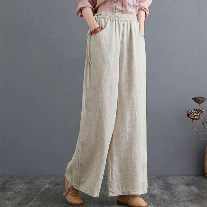Buddha Stones Pure Simple Design High Waist Cotton Linen Women's Wide Leg Pants With Pockets