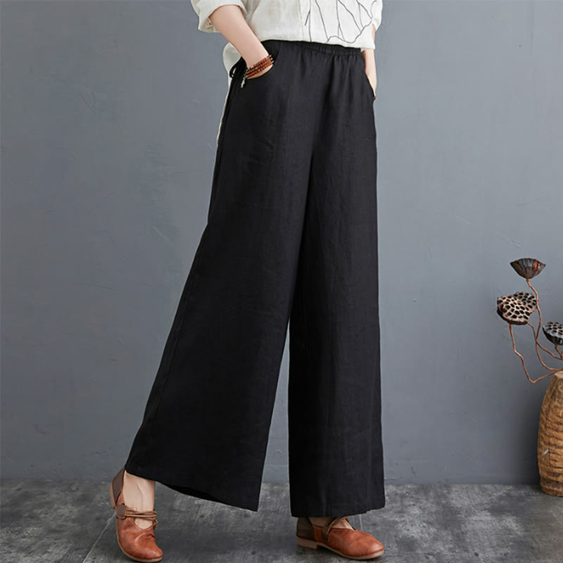 Buddha Stones Pure Simple Design High Waist Cotton Linen Women's Wide Leg Pants With Pockets