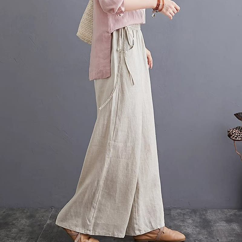 Buddha Stones Pure Simple Design High Waist Cotton Linen Women's Wide Leg Pants With Pockets