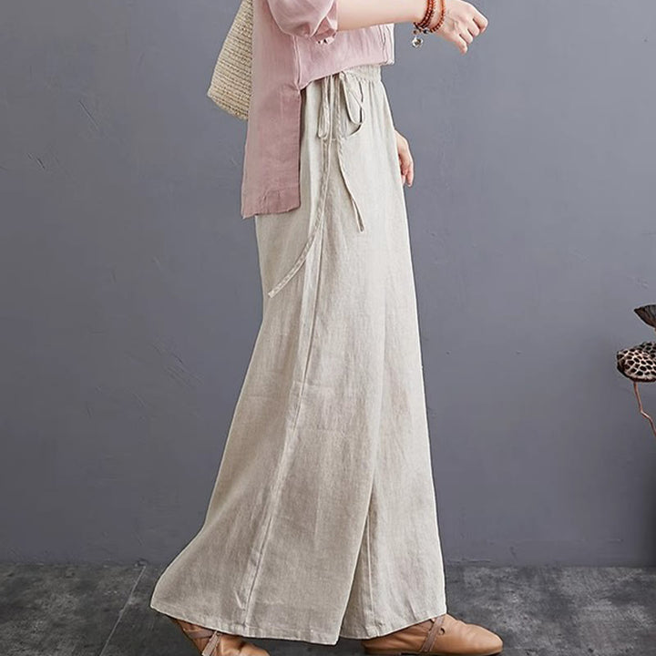 Buddha Stones Pure Simple Design High Waist Cotton Linen Women's Wide Leg Pants With Pockets