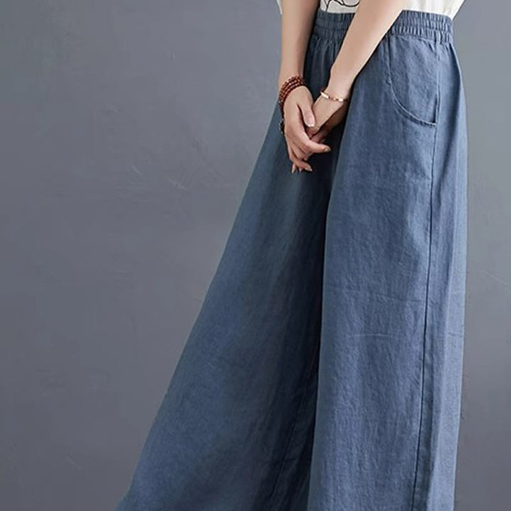 Buddha Stones Pure Simple Design High Waist Cotton Linen Women's Wide Leg Pants With Pockets
