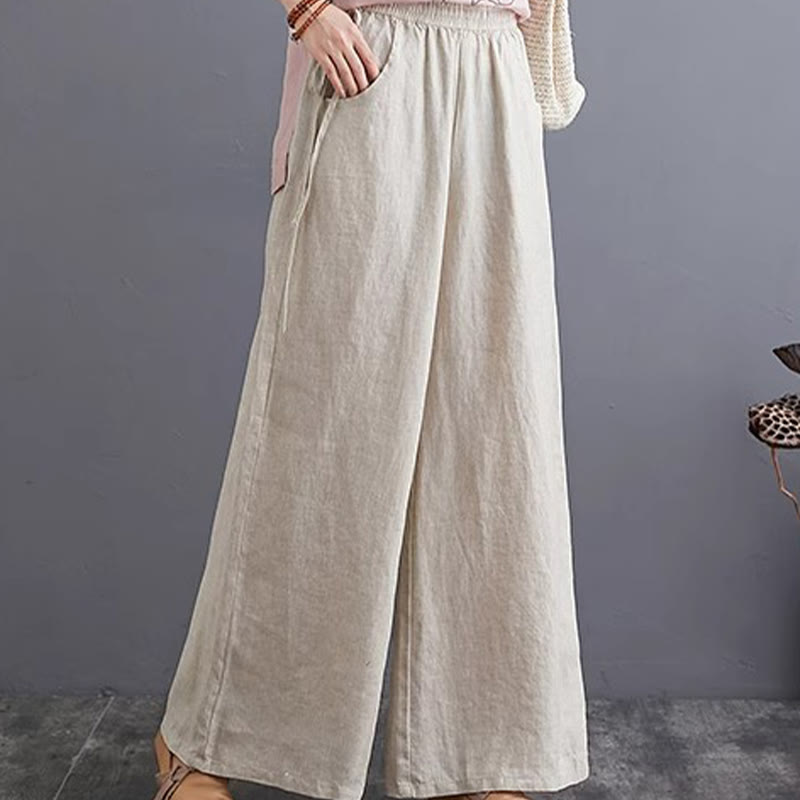 Buddha Stones Pure Simple Design High Waist Cotton Linen Women's Wide Leg Pants With Pockets