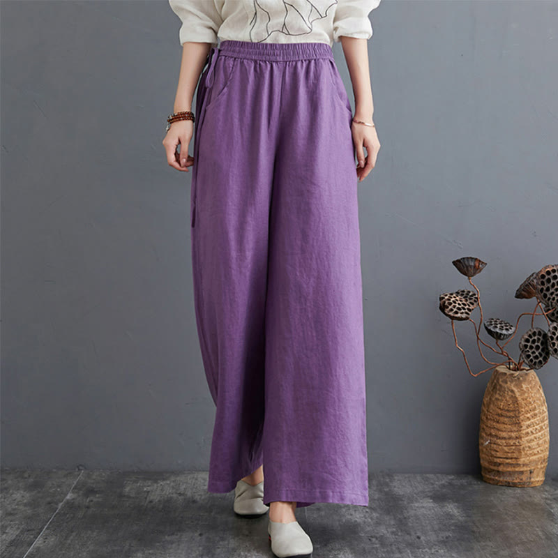 Buddha Stones Pure Simple Design High Waist Cotton Linen Women's Wide Leg Pants With Pockets